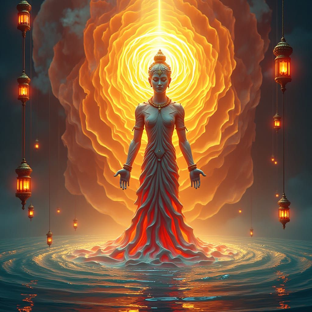 Hindu Deity Amidst Sacred Energy Whirlpool in Cubist Style