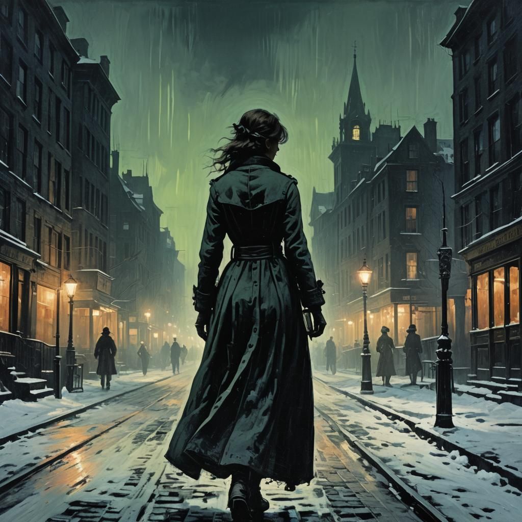 Victorian Woman in Glowing Night City, Mixed Media Art