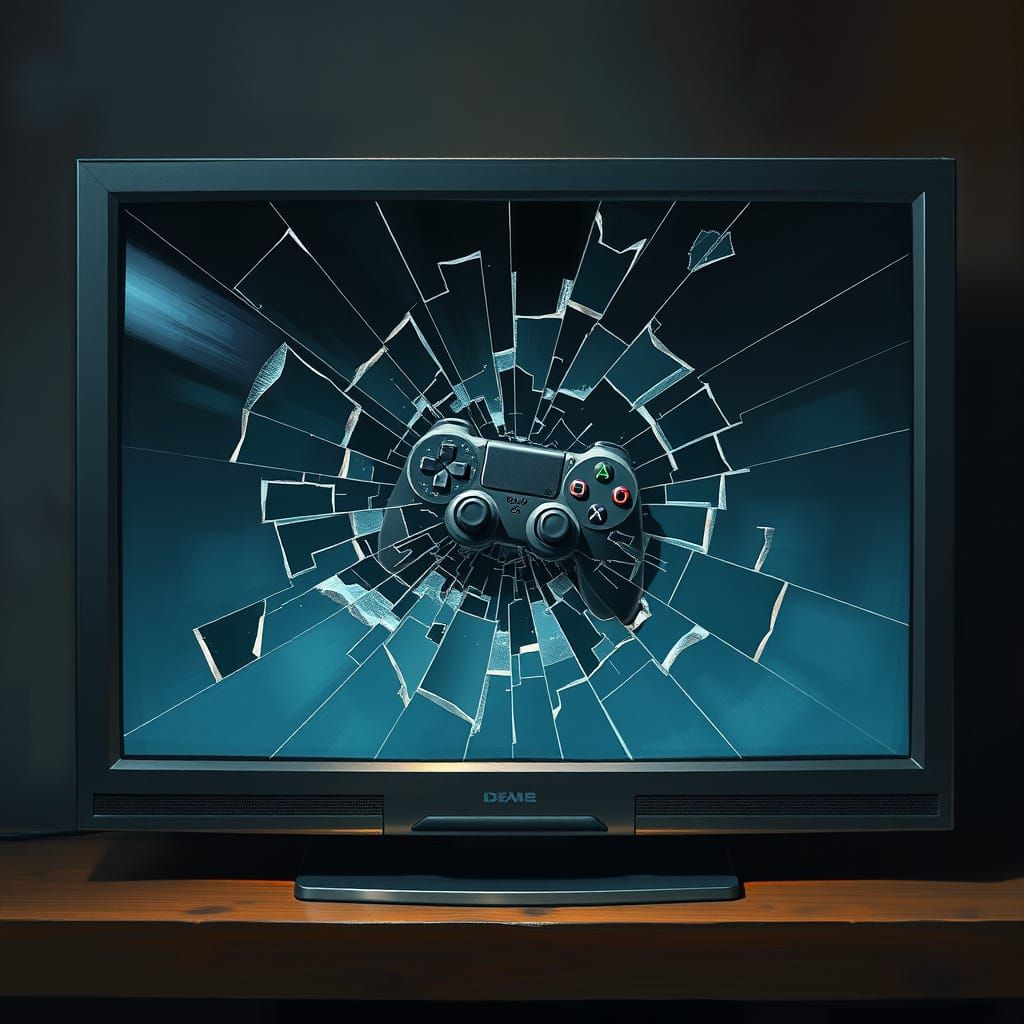 Cracked TV Screen with Game Controller: Hyperrealistic Art