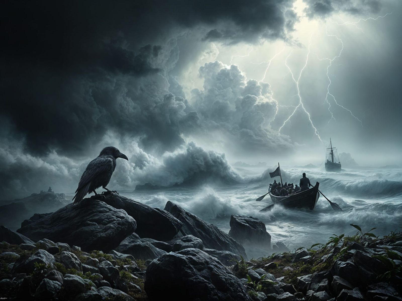 Giant Raven on Rocky Shore Contemplates Raging Sea