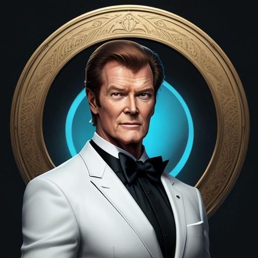Roger Moore as Simon Templar, looking up at small round glowing ring above his head, white jacket, black bow tie, cockta...
