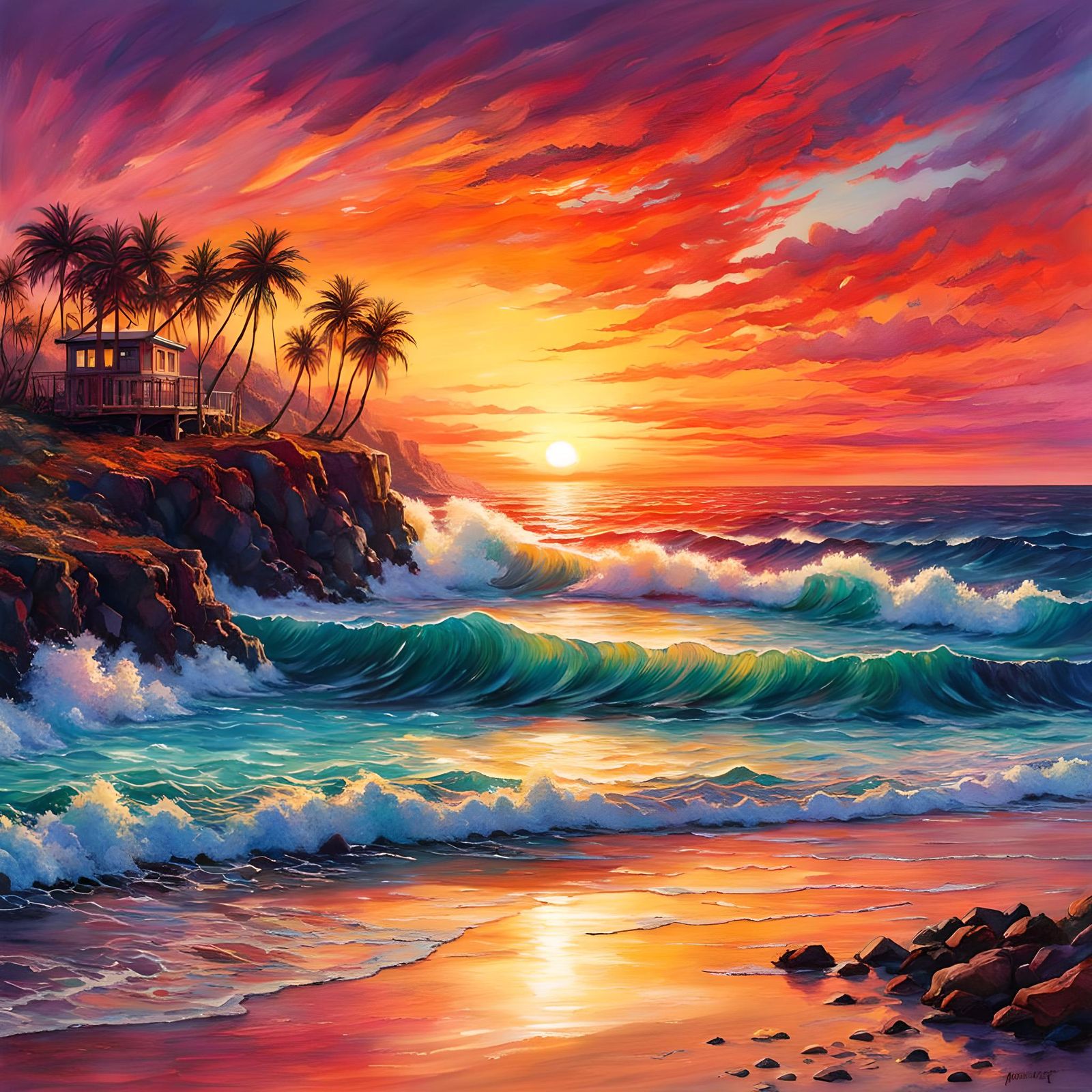 Retro Sunset Beach Scene in Watercolor Style