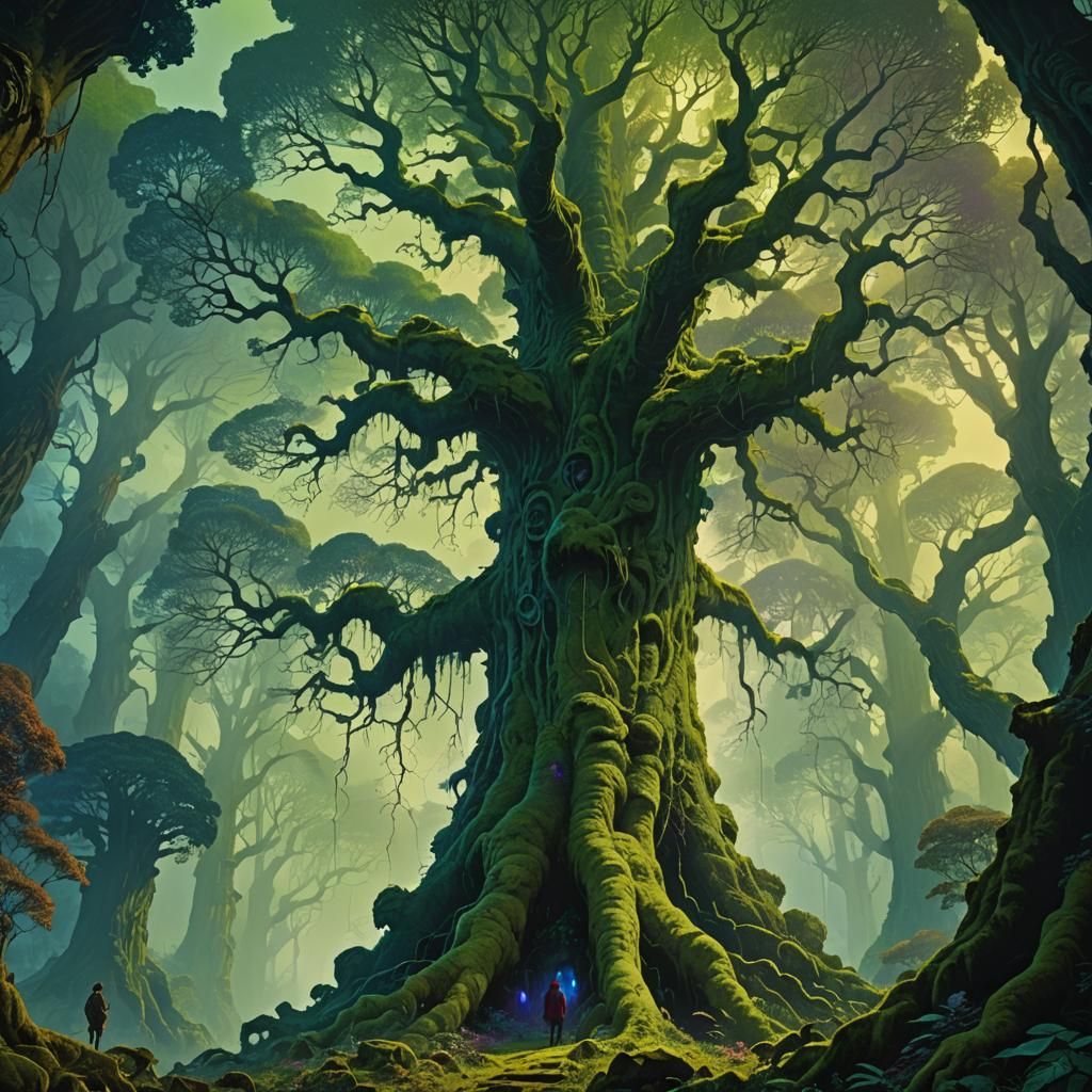 Towering Green Giant Tree in Fantasy Landscape