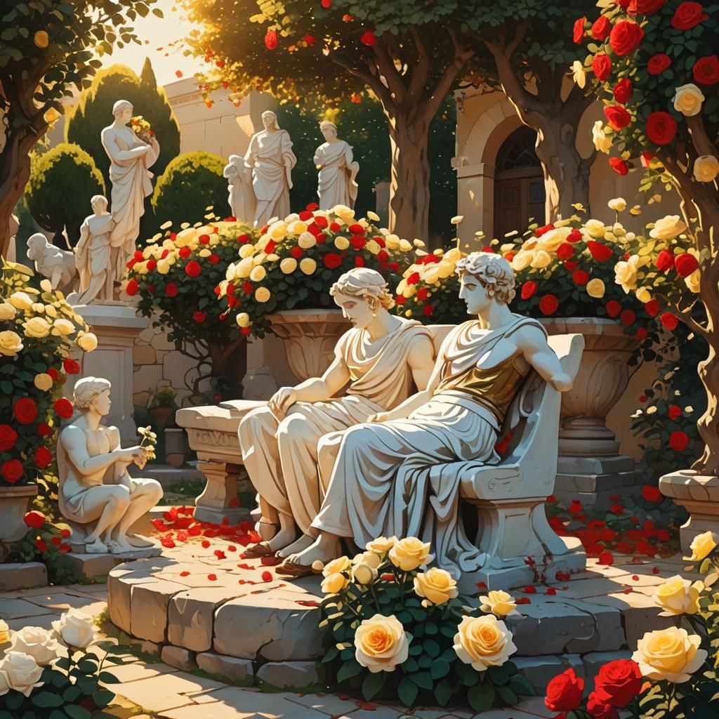 Anime Garden with Greek Statues in Golden Light