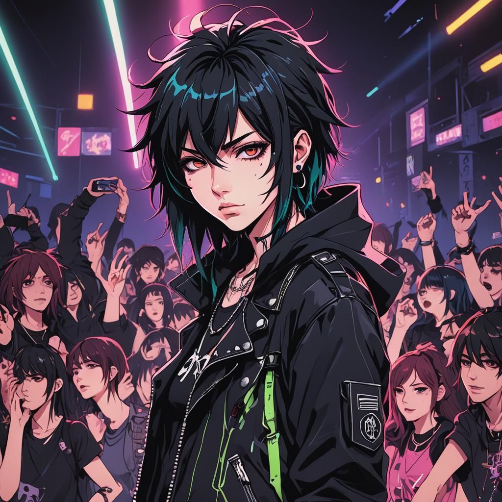 Goth Teen Rocker at Neon Concert: Anime Style