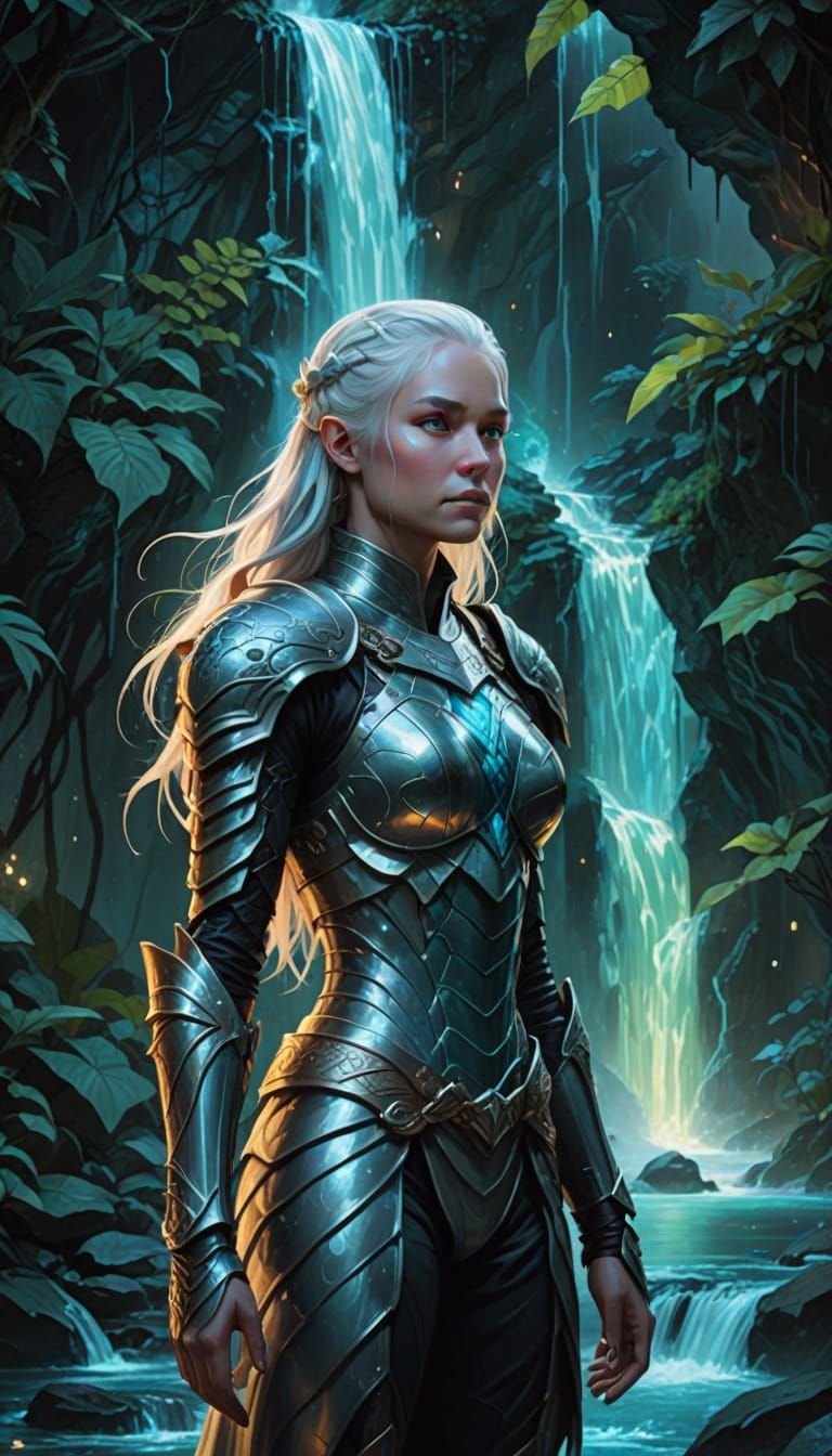 Dragon-Woman Hybrid in Bioluminescent Grotto