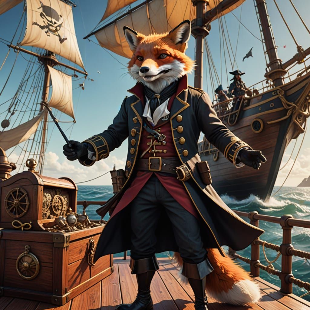 Pirate Fox Captain on Ship Deck in Cinematic Style