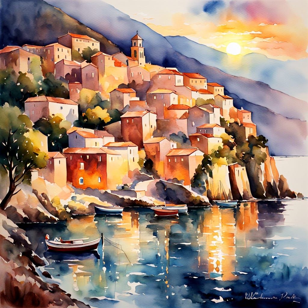 Luminous Watercolor Mediterranean Coastline with Vivid Hues