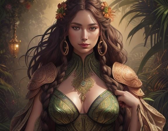 Chibi-inspired solarpunk illustration. Medium shot. A curvy woman in a sling bikini, surrounded by vines, leaves, and fl...