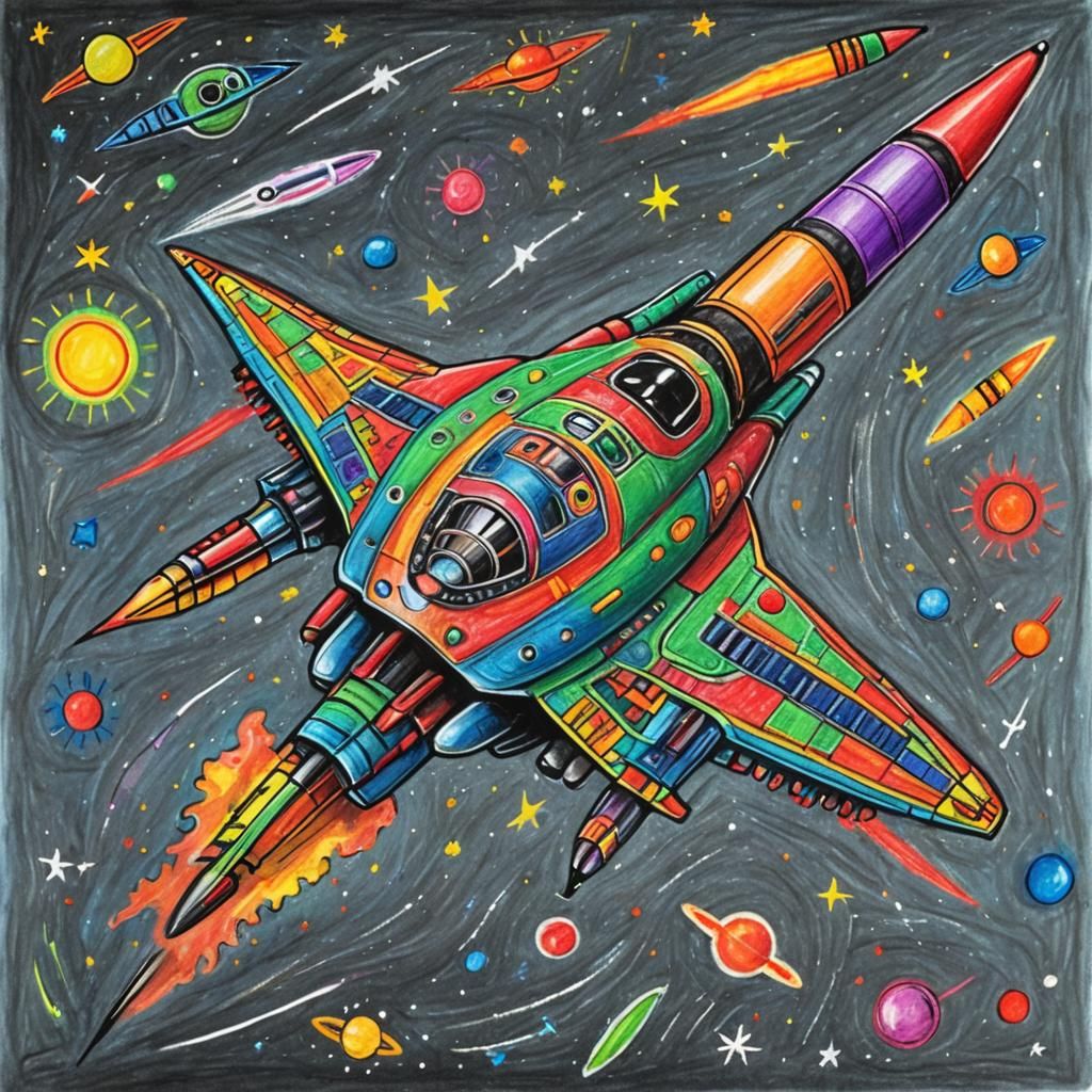 Colorful Crayon Drawing of a Spaceship