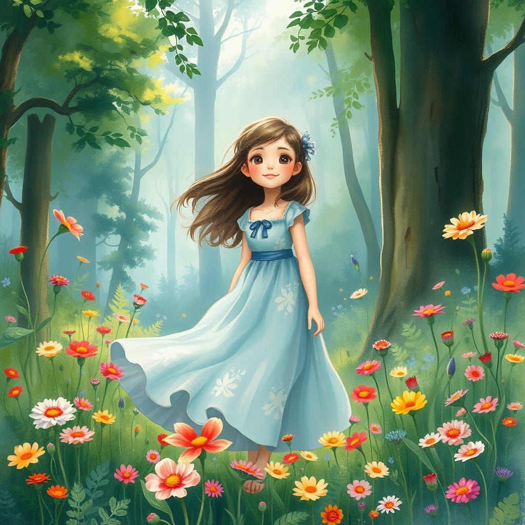 Girl in Forest of Wildflowers, Animated Watercolor Style