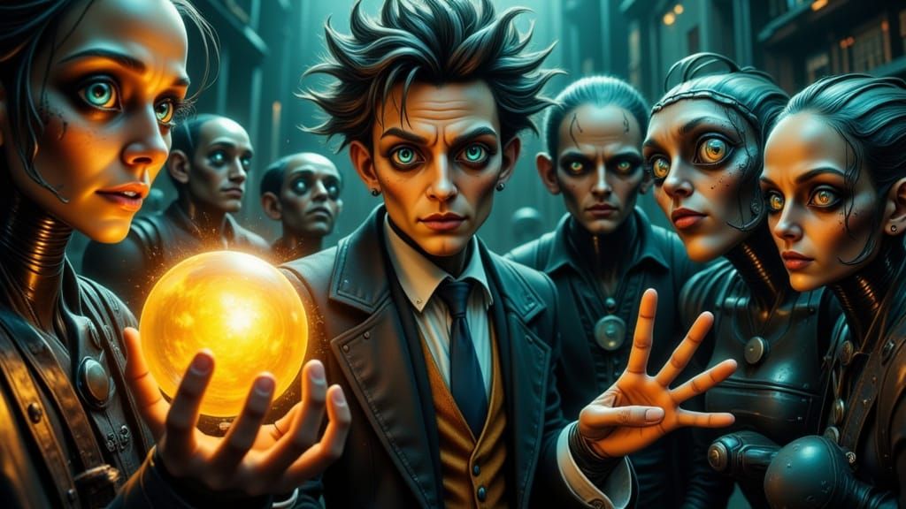 Mad Magician Hypnotizes Robots in Chaotic Scene