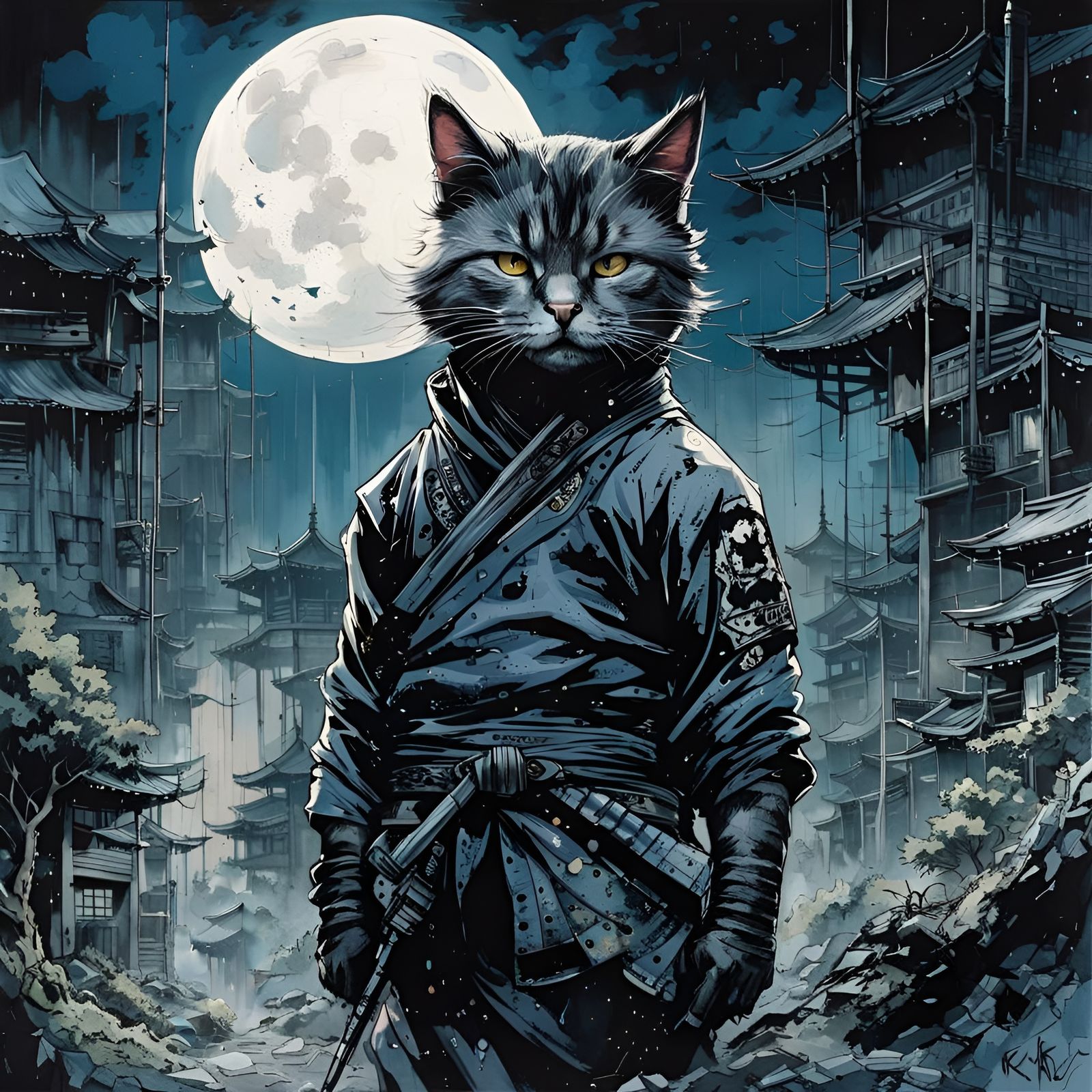 Cute Cat Ninja Portrait in Manhwa Style