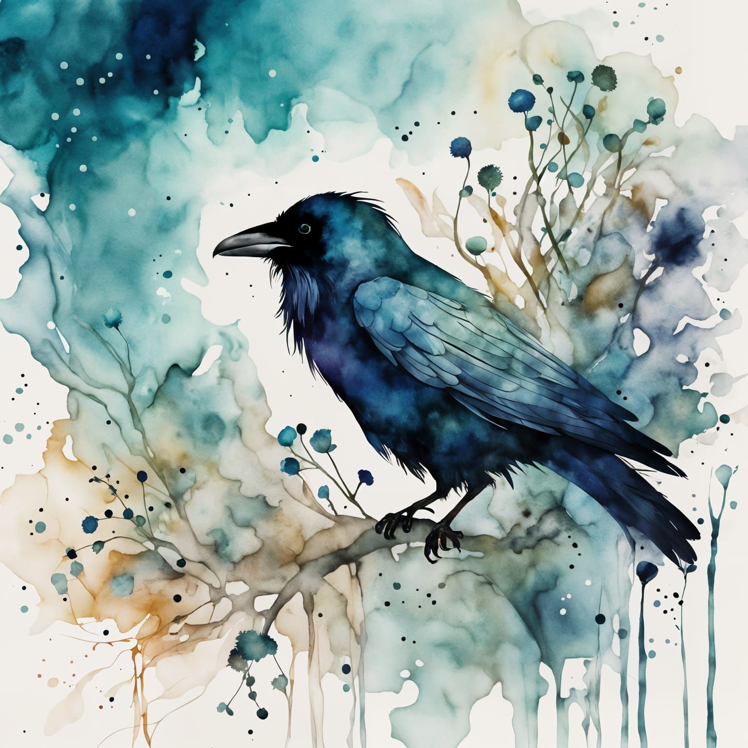 Ethereal Raven Watercolor Painting with Gold Accents