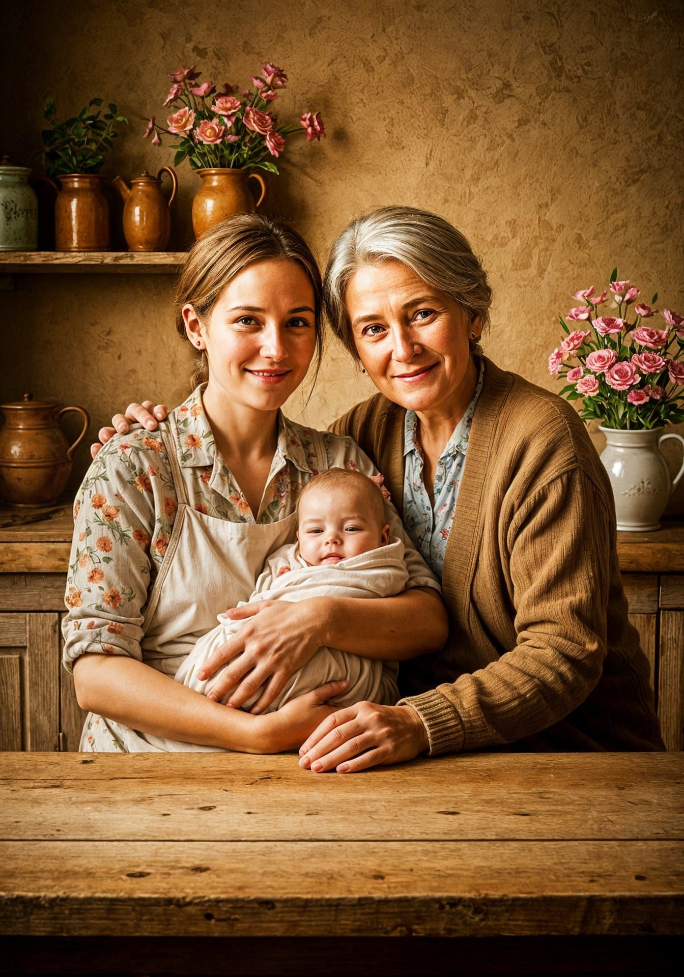 Three Generations of Women in Cozy Kitchen as Oil Painting