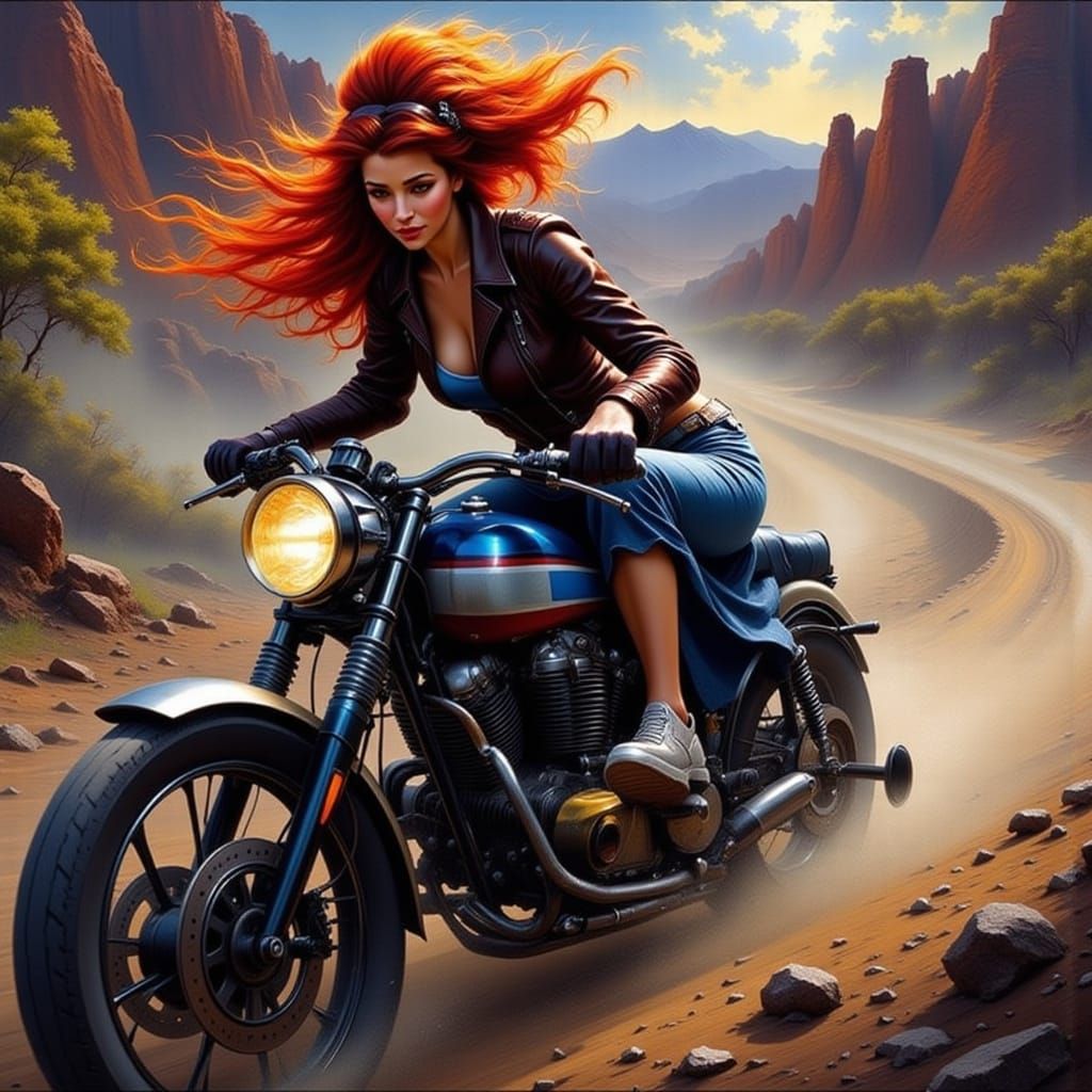 Redhead on Motorcycle: Dynamic Vehicle Art