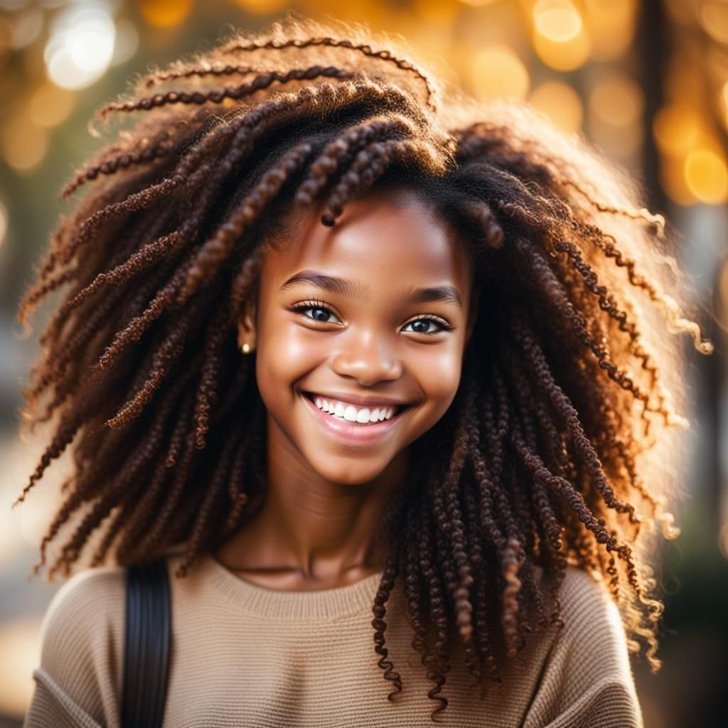 A black teen girlwith long coily hair with a happy smile