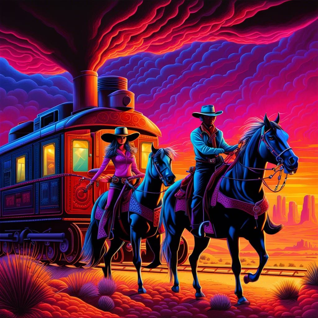 Cowboy and Cowgirl Train Robbery in Desert