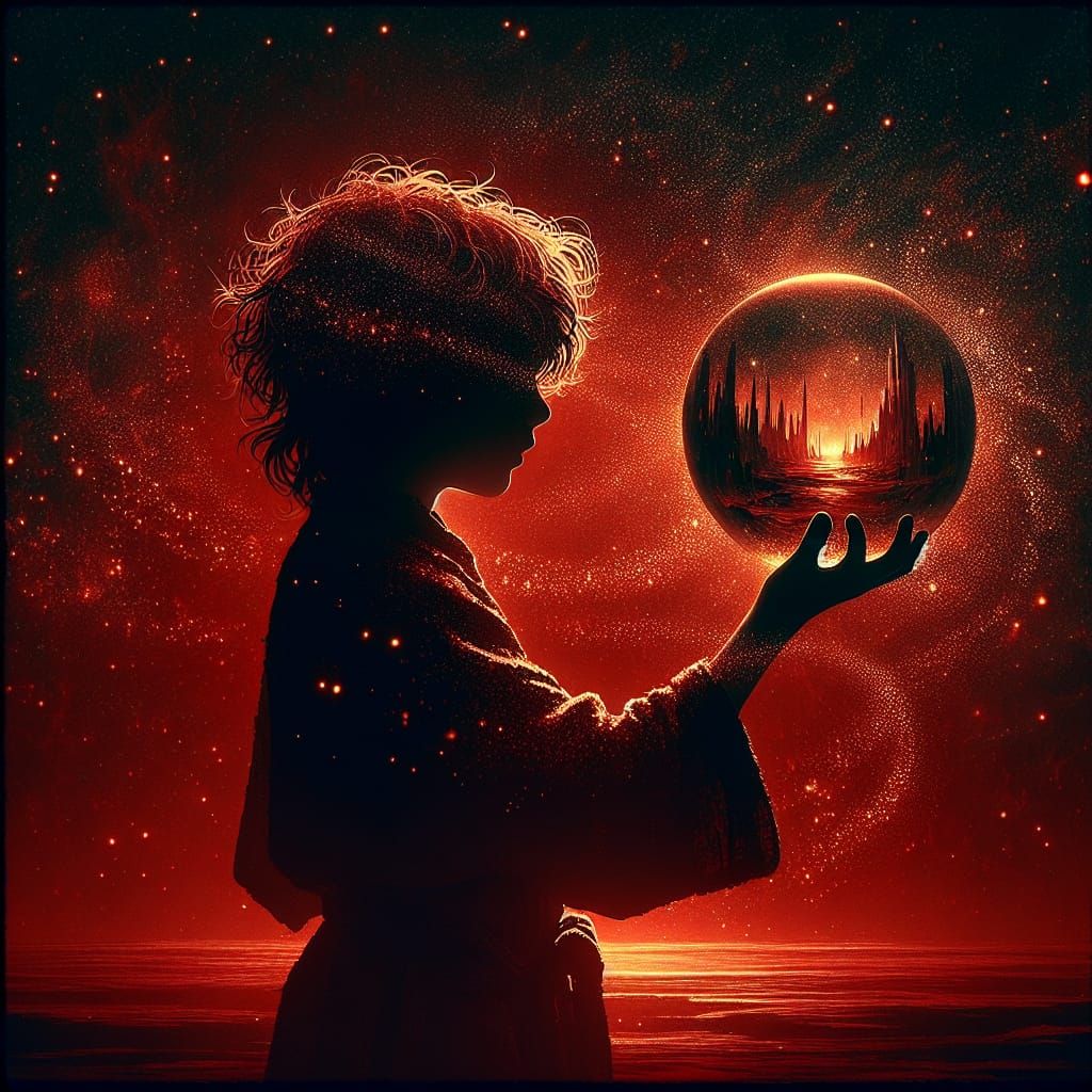 Boy Holding World in Hypermaximalist Style