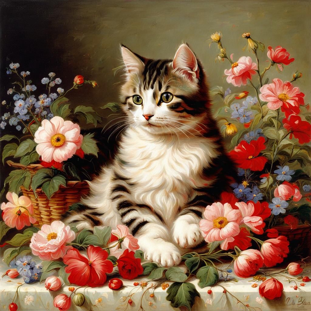 Cat on Pillow Surrounded by Flowers, de Blaas Style