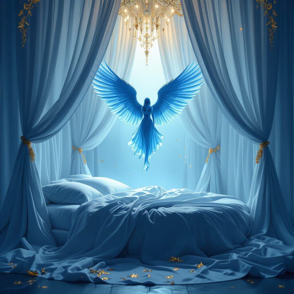 Ethereal Blue Angel Over Bed in Matte Painting Style