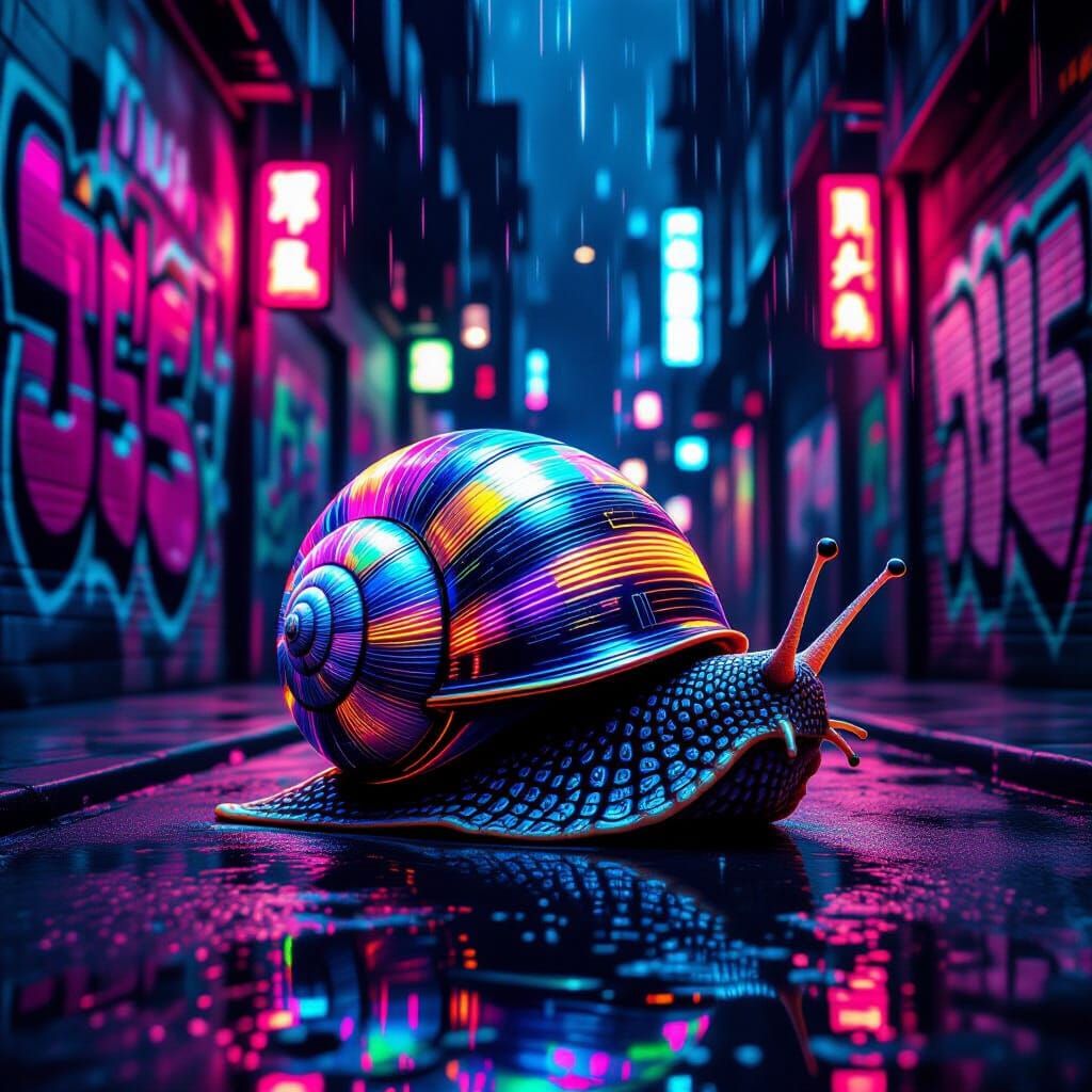 Cyberpunk Snail in Rainy Neon Alley
