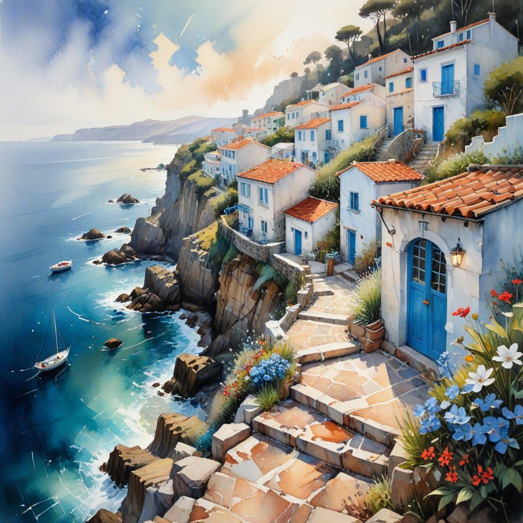 Mediterranean Cobblestone Path to Sea: Watercolour Painting