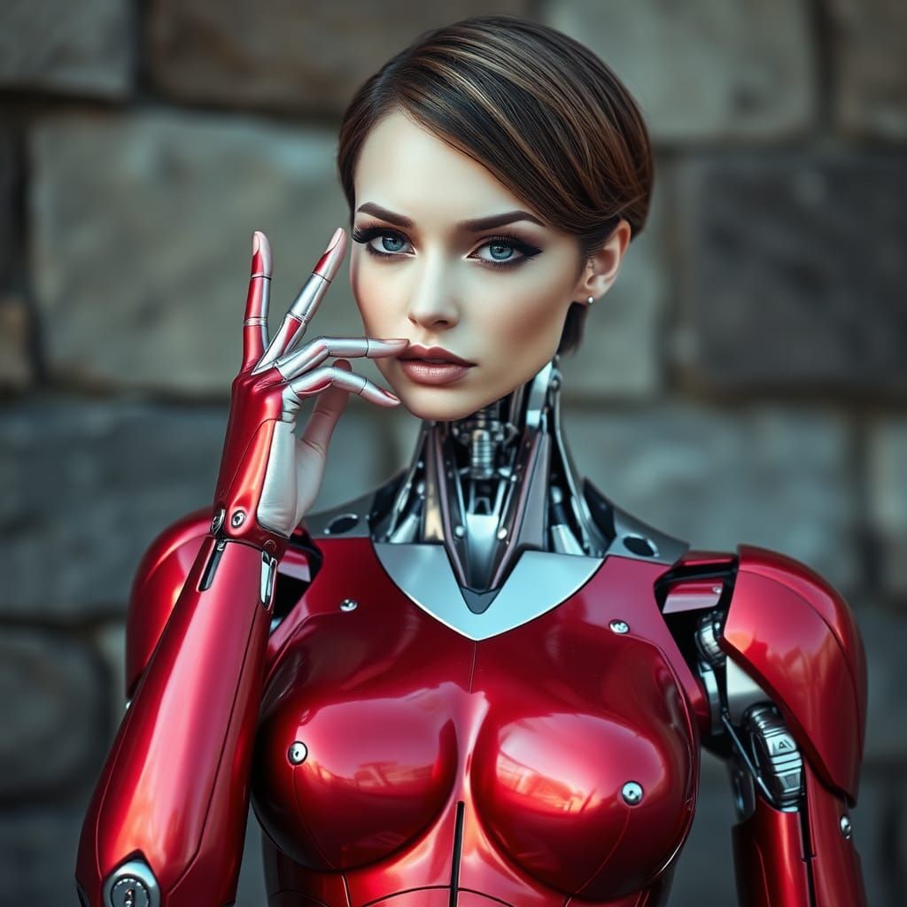 Beautiful Red Metallic Robot Woman with Stoic Expression