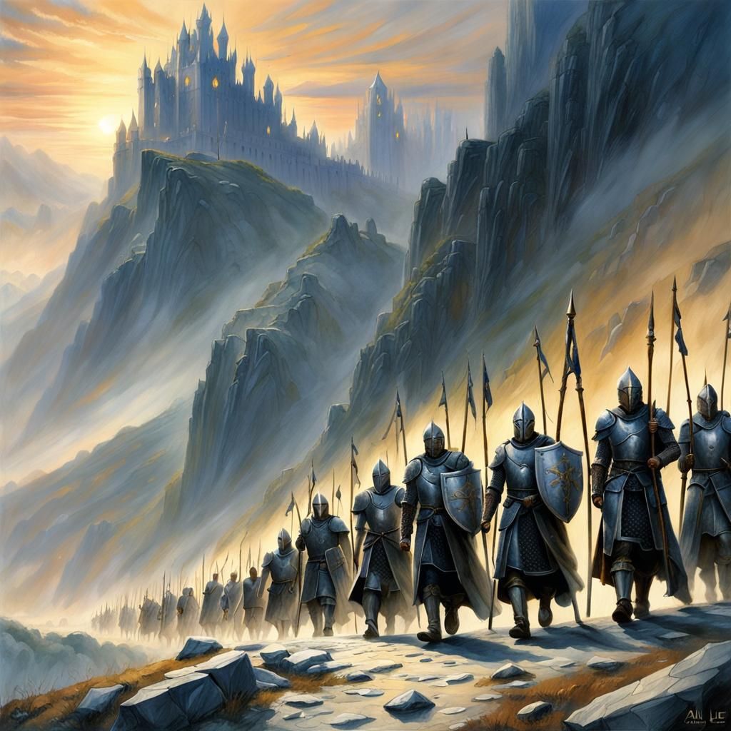 Gondorian Soldiers Marching Through Misty Pass