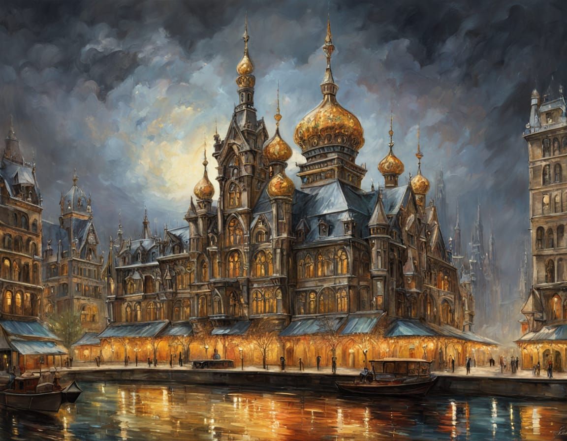 Monochromatic Victorian Cityscape in Impressionist Style