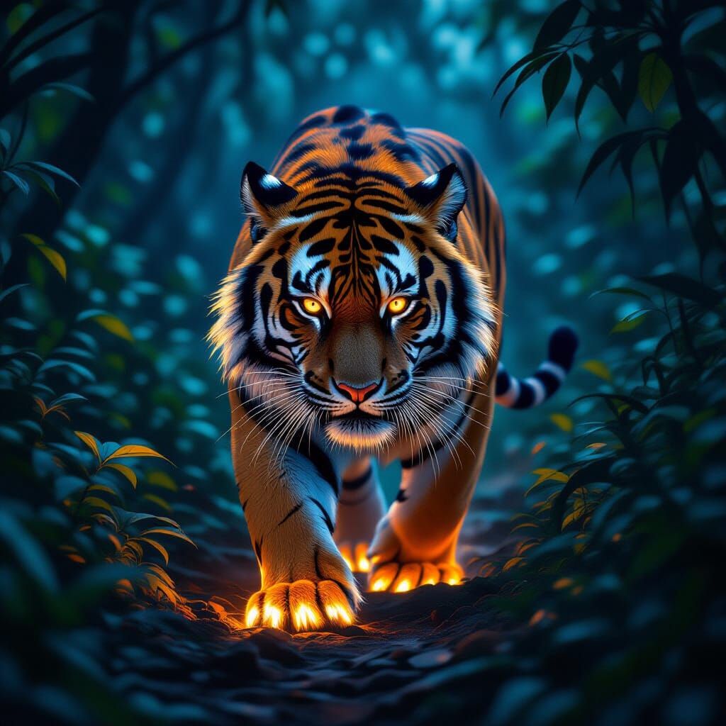 Tiger With Fiery Paws In Mystical Jungle Night