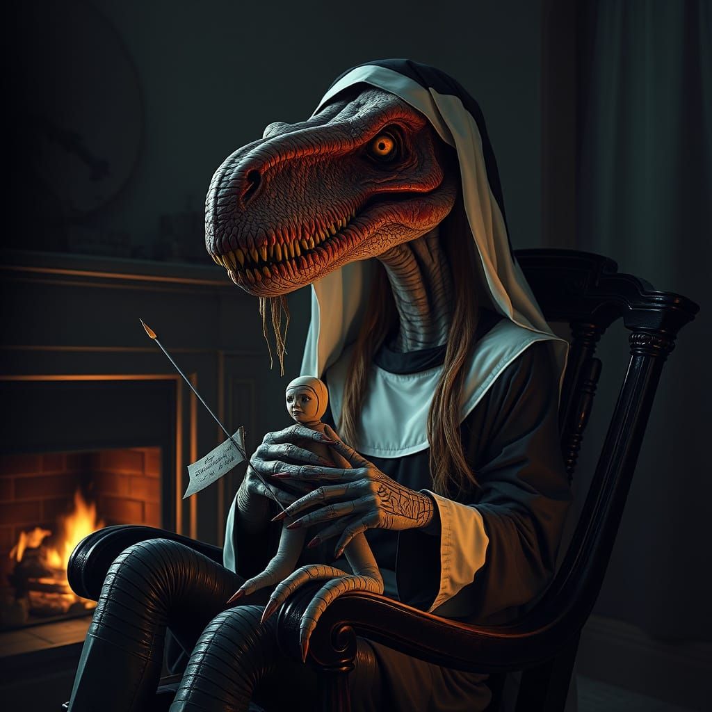T. Rex Nun Witch in Dark, Giger-Inspired Gothic Horror