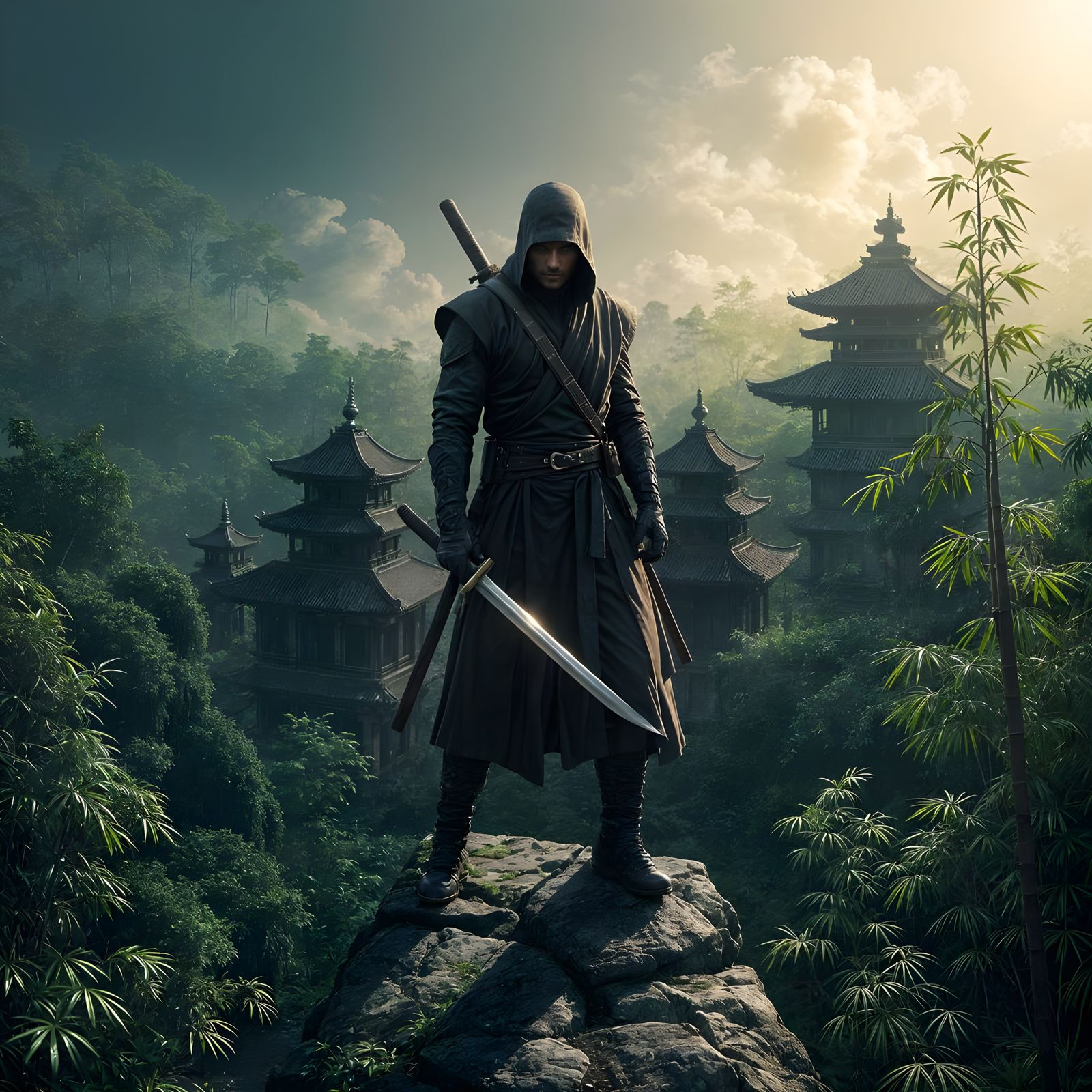 Ninja on Temple in Bamboo Forest, Digital Painting