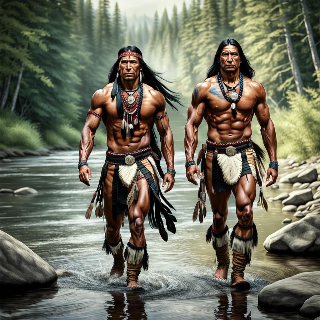 Native American Men Walking by a River: Photorealistic HDR