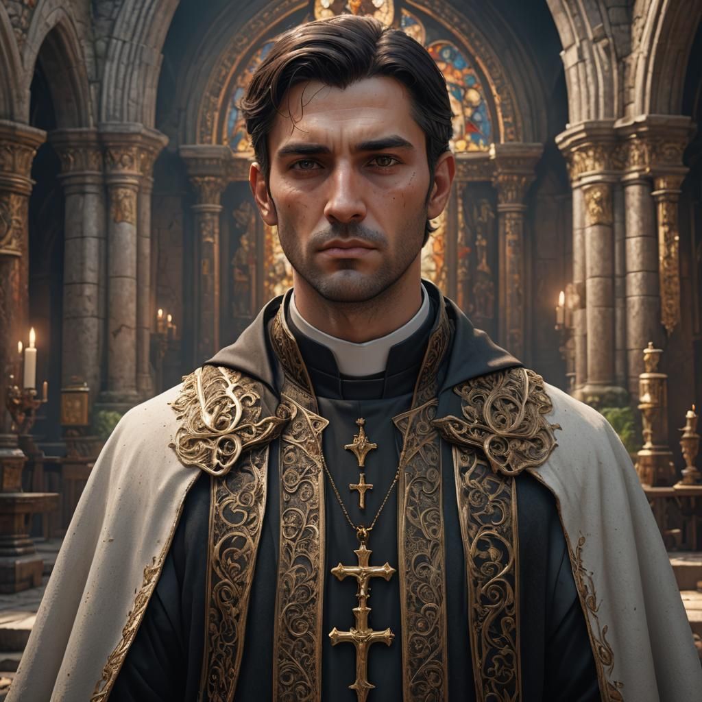 Sad Catholic Priest Portrait in Detailed Matte Painting Styl...