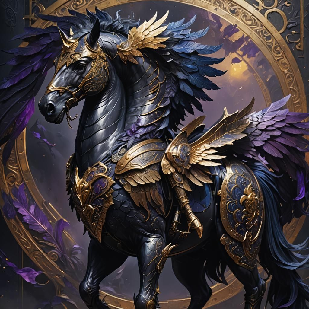 Dark Pegasus in Gleaming Armor: Dark Fantasy Art