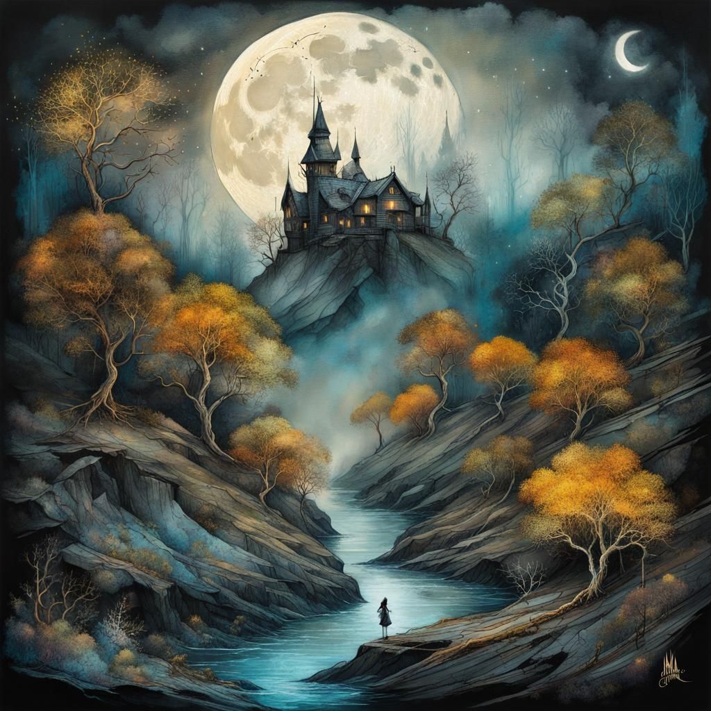 Mystical Lady by Swamp River in Stylized Watercolor