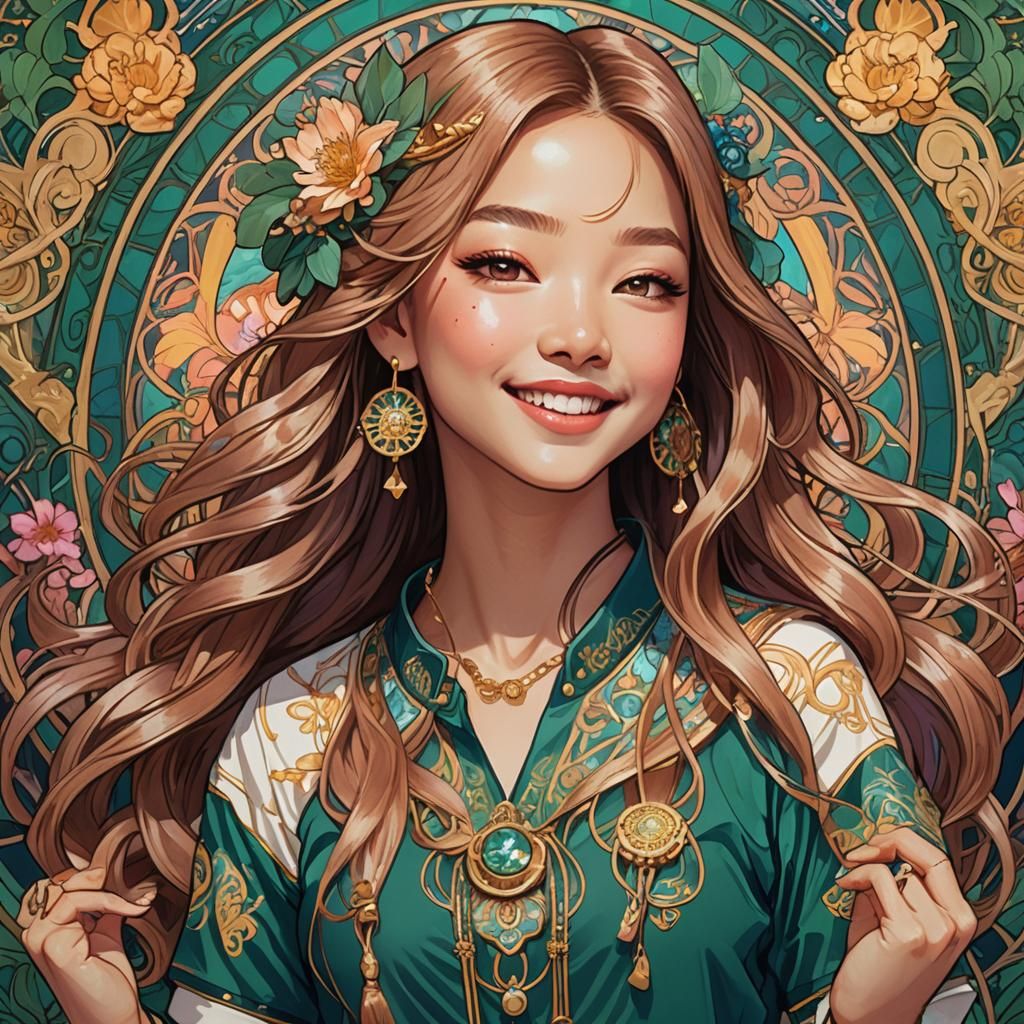 Vibrant K-Pop Portrait with Art Nouveau Details