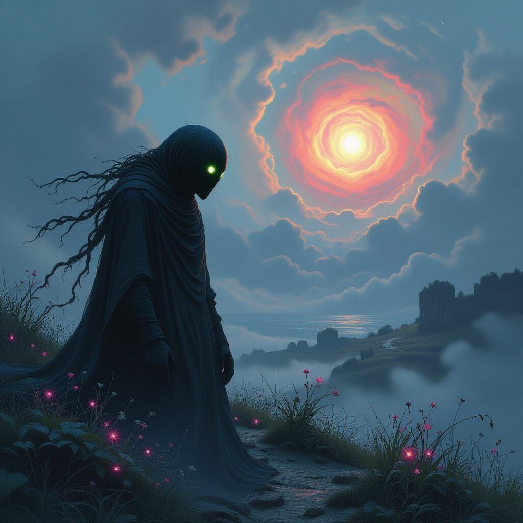 Macabre Monster on Swirling Planet in Monet Beksiński Style