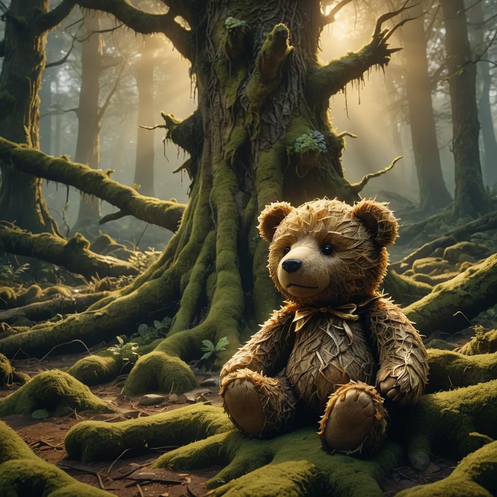 Teddy Bear in Mystical Forest, Fantasy Concept Art