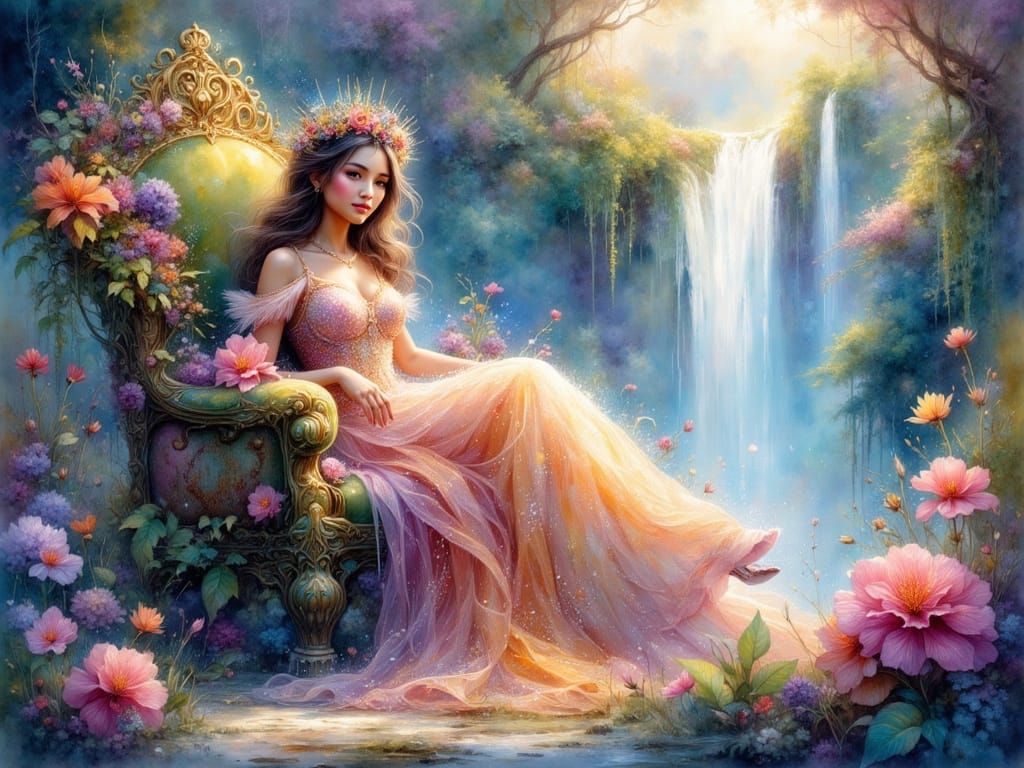Princess in Floral Throne by Waterfall, Watercolor Style