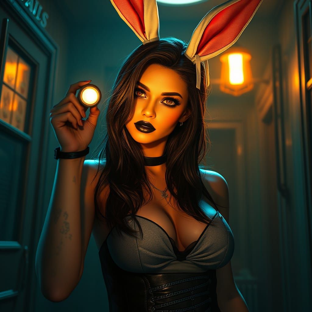 Brunette in Playboy Outfit in Haunted House