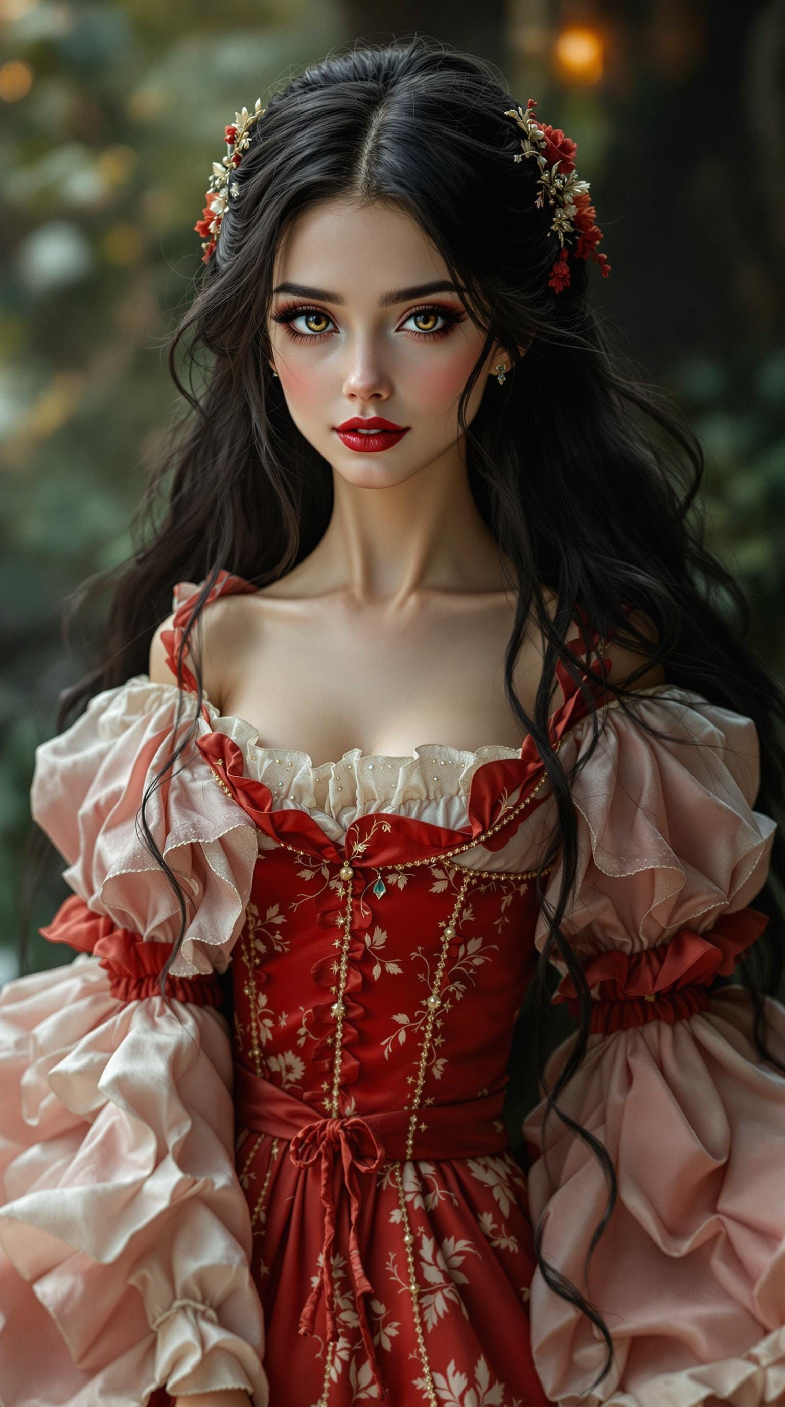 Beautiful Woman with Long Black Hair in Red Dress