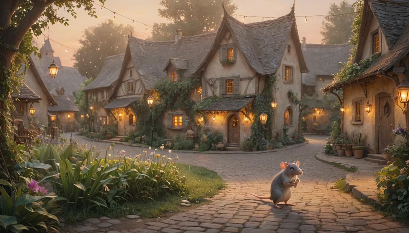 Rat in Whimsical Village as Dreamlike Oil Painting