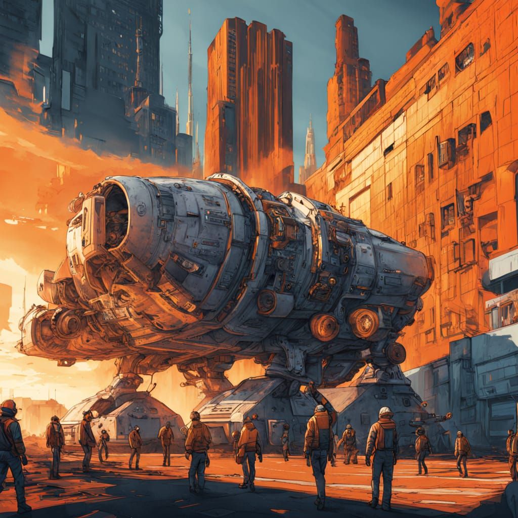 Retro Futuristic Cityscape with Spacecraft Landing