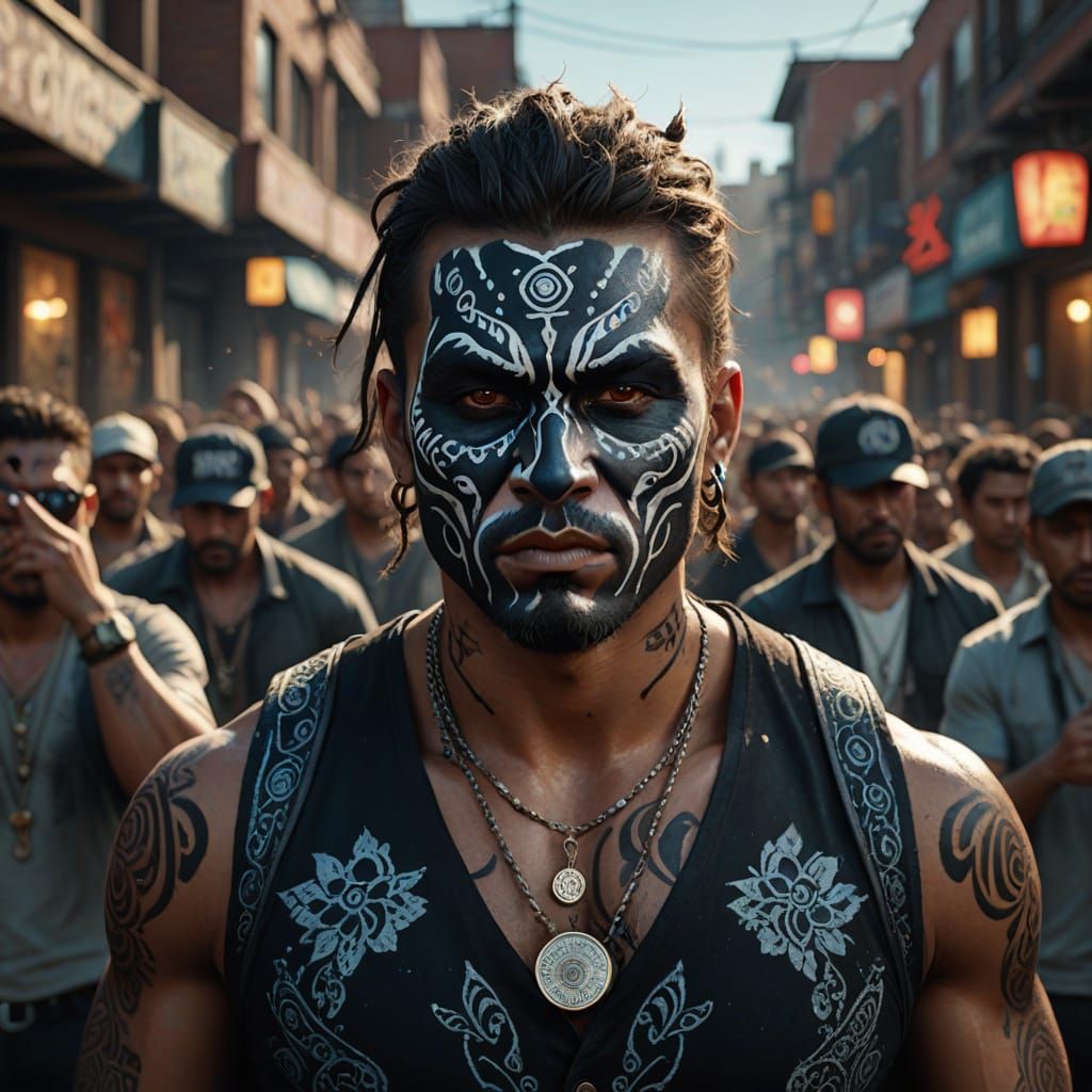 Esoteric Gangster in Shamanic Face Paint Taunting Crowd