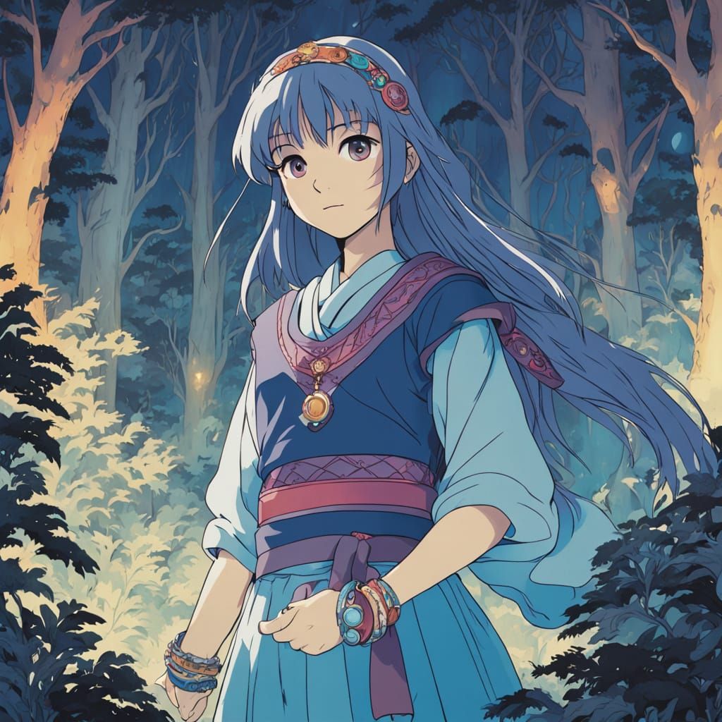 Anime Magical Gemstone Wearer in Mystic Forest