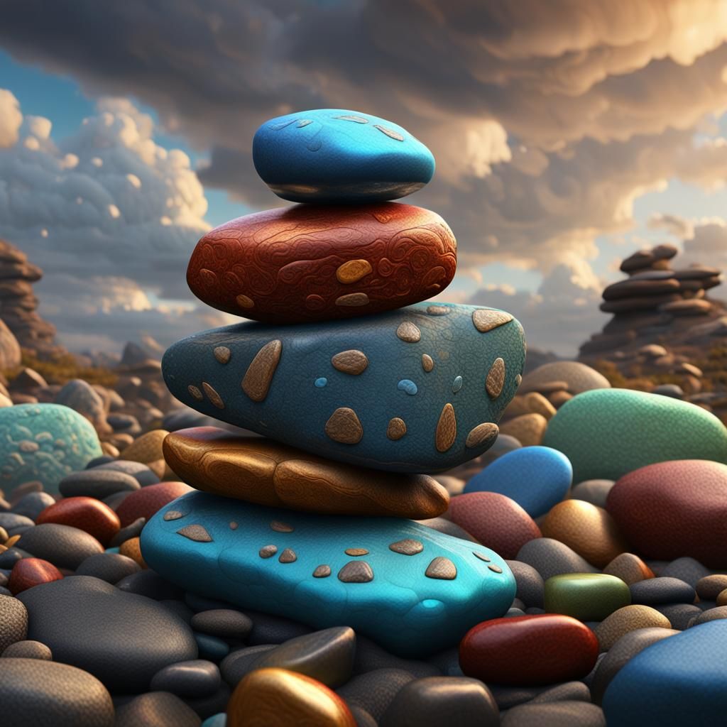 Vibrant Engraved Pebbles Balanced in Fantasy Landscape