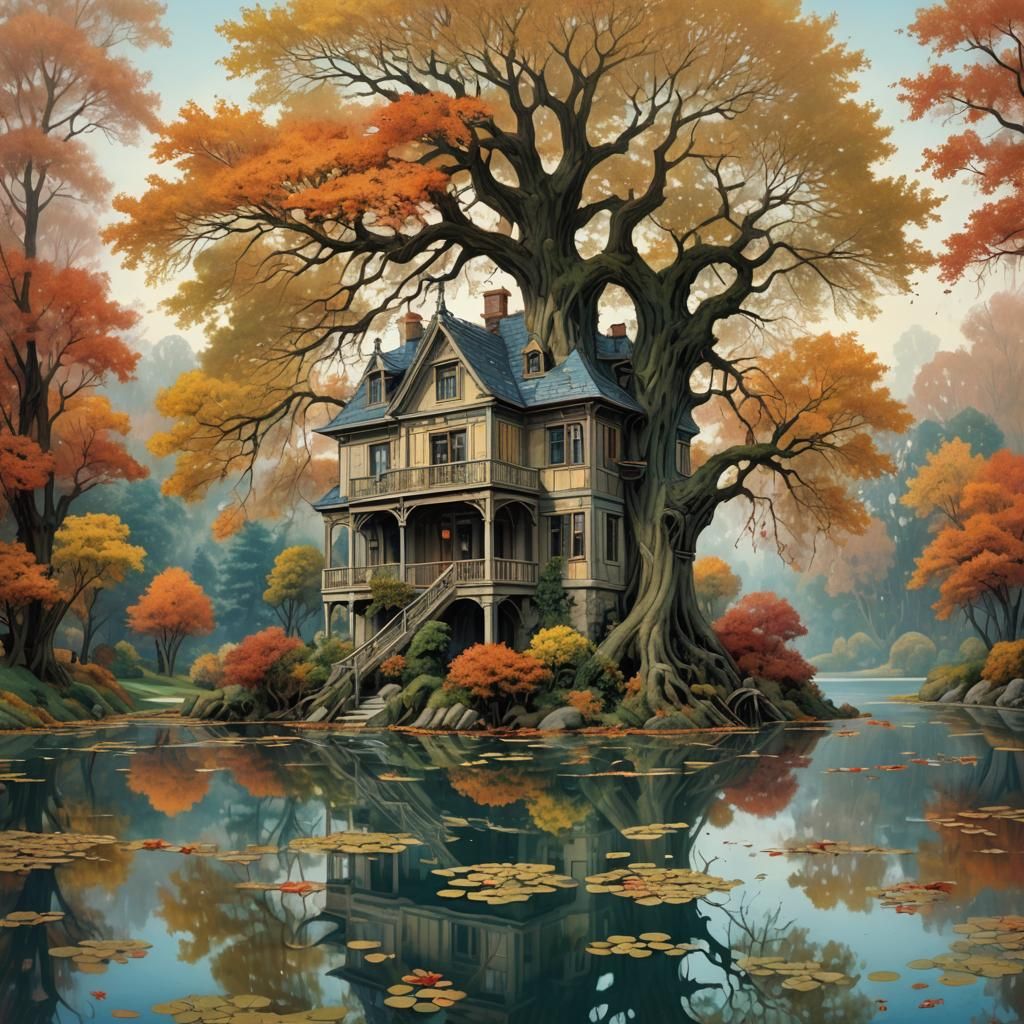 Surreal Lakeside Treehouse in Autumnal Forest