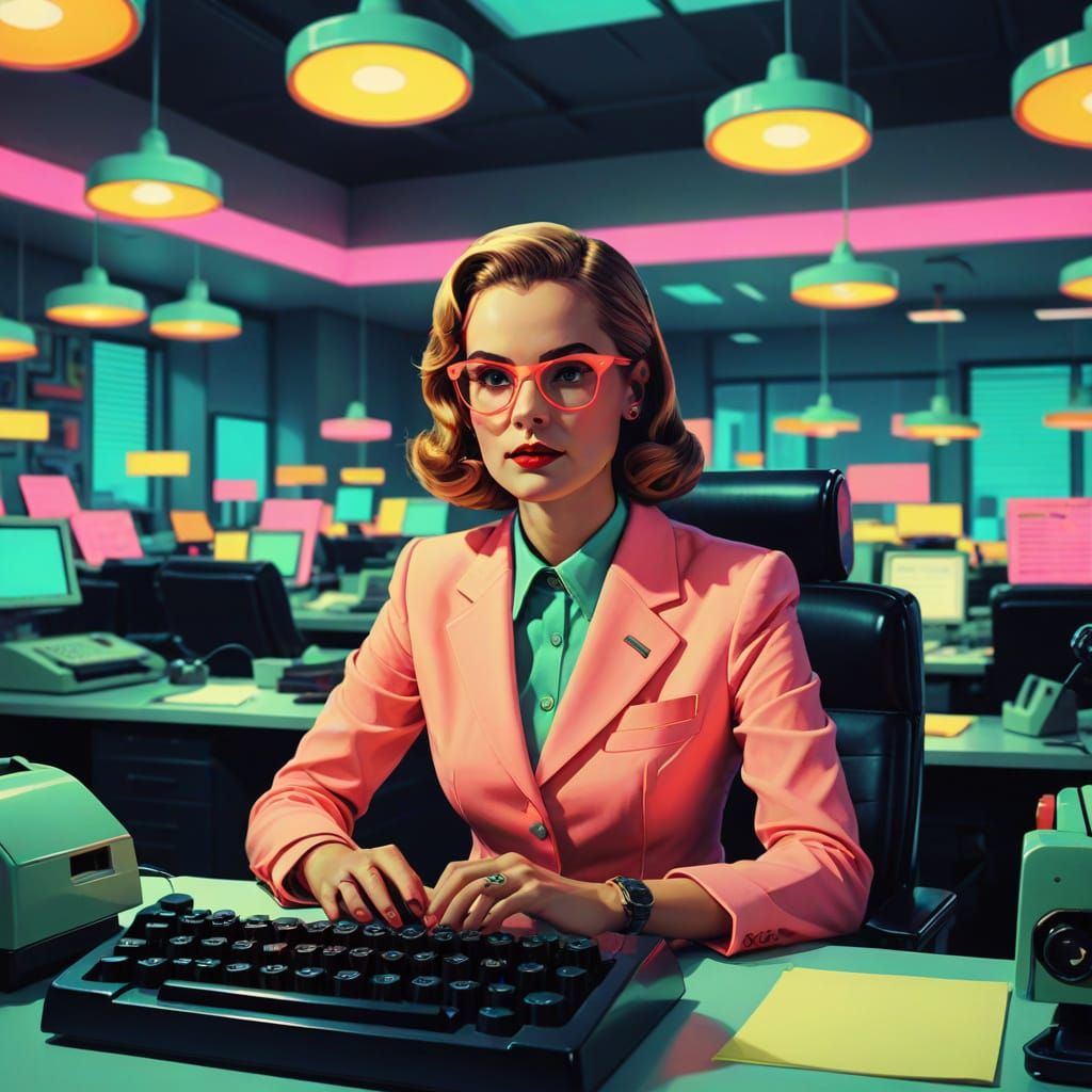 Retro-Futuristic Secretary in Pop Art Style